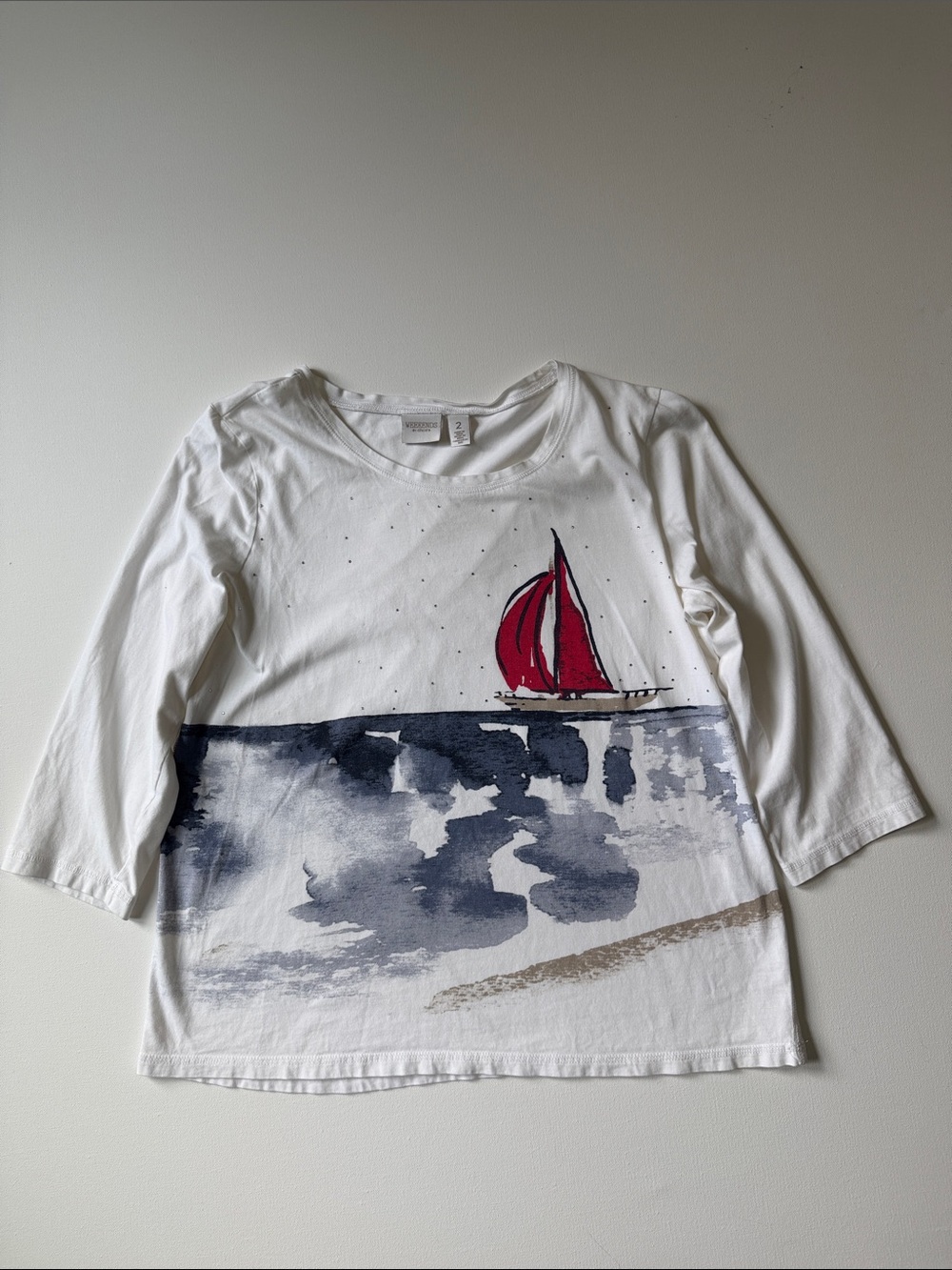 Chico's Women’s White 3/4-Sleeve Top with Red Sailboat and Navy Waves 2(L)